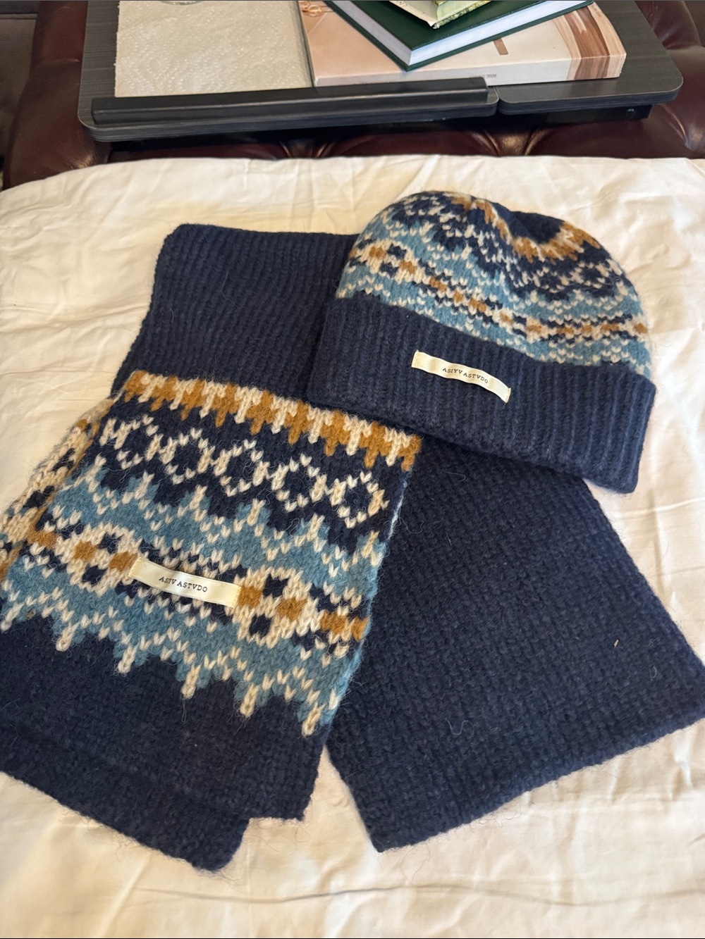 Navy wool Knit Beanie and Scarf Set